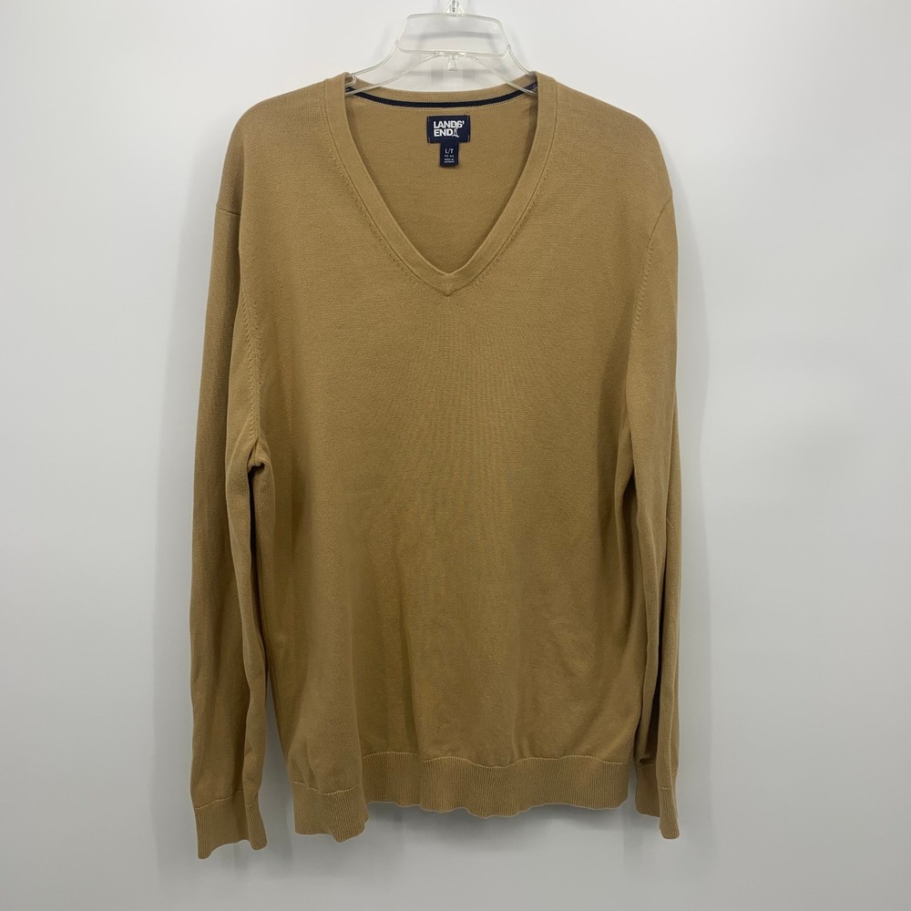 Lands' End V-Neck Sweater Mens L/T Gold Tan Excellent Cotton Knit Tall 540176